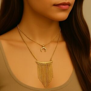 Antique Gold Layered Fringe Necklace – Crescent Pendant Boho Statement Jewelry